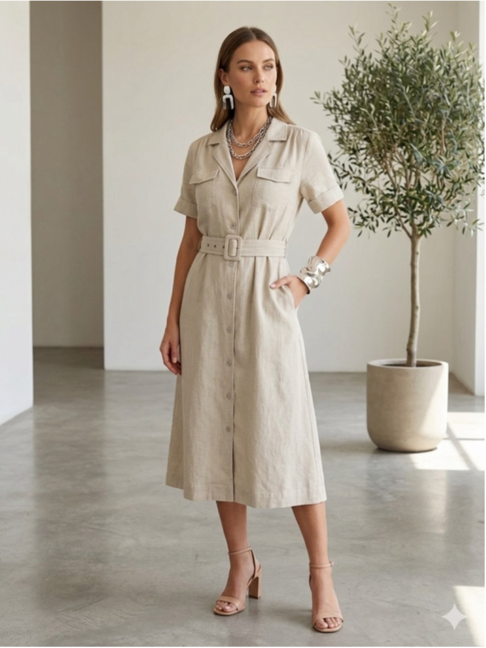 Tahari Linen Blend Belted Safari Midi Dress XS